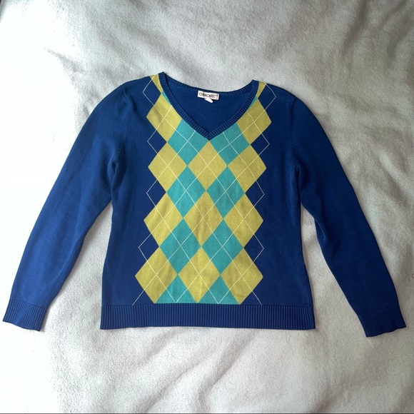 Vintage y2k Funky Preppy Blue & Green Argyle Sweater - Picture 3 of 5